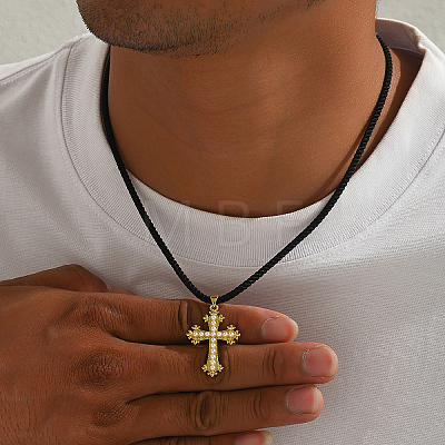 Brass & Imitation Pearl Cross Pendant Black Cord Necklaces for Men LI2000-1-1