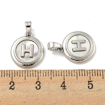 Natural Shell & Brass Flat Round with Letter H Charms with Snap on Bails KK-P275-07P-1