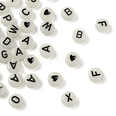 27 Style Flat Round with Black Letter & Heart Acrylic Luminous Beads SACR-YW0001-37-1