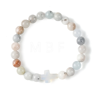 8.5MM Natural Aquamarine Round Beaded Stretch Bracelets BJEW-JB14342-02-1