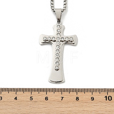 304 Stainless Steel Clear Cubic Zirconia Religion Cross Pendant Box Chain Necklaces for Men NJEW-S387-06P-1