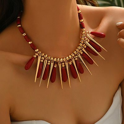 Exaggerated Resin Teardrop & Alloy Cone Bib Necklaces with CCB Plastic Beads for Women WG818CC-01-1