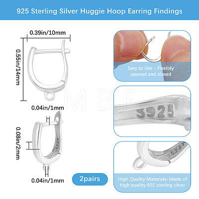 2 Pairs 925 Sterling Silver Hoop Earring Findings STER-BBC0007-14-1