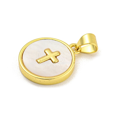 Rack Plating Brass Pave Nature Shell Cross Pendants X-KK-C074-34G-1