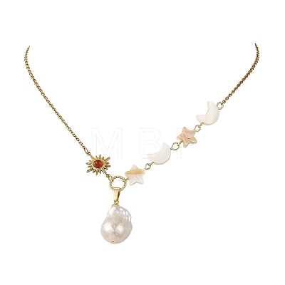 Natural Baroque Keshi Pearl Nuggets Pendant 304 Stainless Steel Cable Chain Necklaces for Women NJEW-JN06697-1