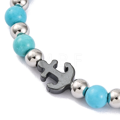 Synthetic Turquoise & Synthetic Magnetic Hematite Anchor Beaded Bracelet BJEW-P339-01P-05-1