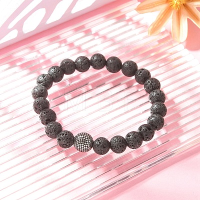 Natural Lava Rock & 316 Surgical Stainless Steel Round Beaded Stretch Bracelet BJEW-JB09440-1
