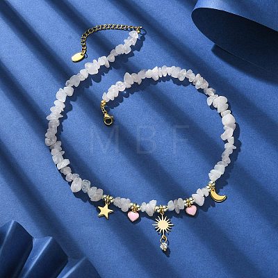 Alloy Enamel & 304 Stainless Steel & Brass Bib Necklace with Natural Rose Quartz Chip Beaded Chains NJEW-JN04434-1