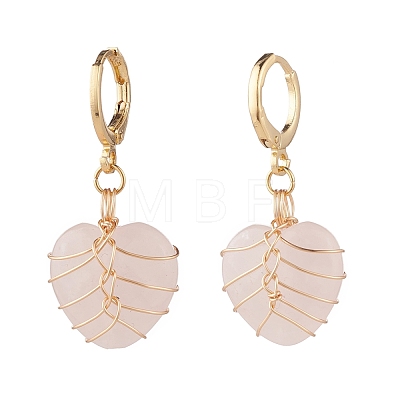 Heart Natural Rose Quartz Wire Wrapped Dangle Hoop Earrings EJEW-JE04793-01-1