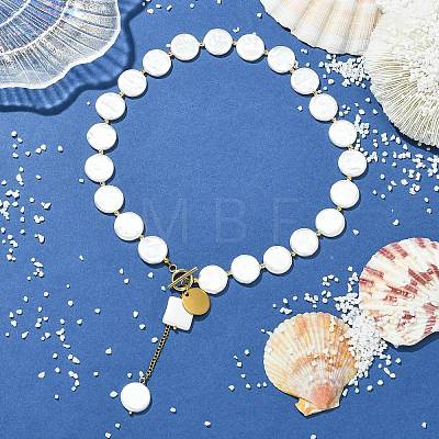 Adjustable White Shell Pearl Coin Bead Lariat Necklaces with 304 Stainless Steel OT Clasps NJEW-JN06027-1