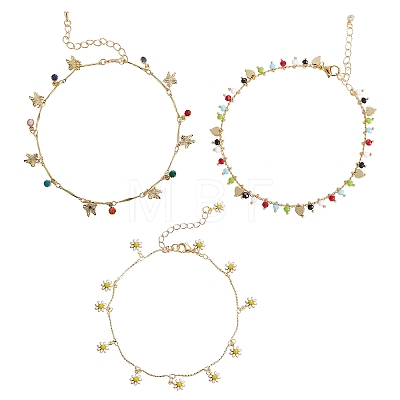 3Pcs 3 Styles Brass Enamel Charm Anklets AJEW-SZ0001-55-1