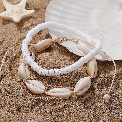 Bohemian Style Natural Cowrie Shell Beaded Polymer Clay Heishi Beaded Double Layer Anklets for Women FS-WGDE278-02-1