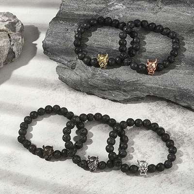 Natural Lava Rock Round & Alloy Devil Beaded Stretch Bracelet for Women BJEW-JB09378-1