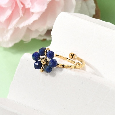 Adjustable 304 Stainless Steel Natural Lapis Lazuli Cuff Open Rings RJEW-P187-01G-03-1