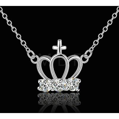Trendy Silver Color Plated Brass Cubic Zirconia Crown and Cross Pendant Necklaces NJEW-BB12661-1