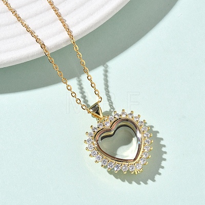 Brass Micro Pave Clear Cubic Zirconia and Glass Heart Locket Photo Pendant 304 Stainless Steel Chain Necklaces for Women NJEW-D341-01G-1