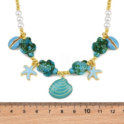 Ocean Brass Enamel Starfish Shell Shape Pendant Round ABS Imitation Pearl Beaded Necklaces KK-CBA4547-04B-G-1