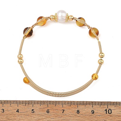 Round Natural Amber Herringbone Wire-Wrapped Cuff Bangles BJEW-JB14502-1