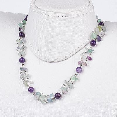 Natural Amethyst & Fluorite Beaded Tiered Necklaces NJEW-JN01707-1