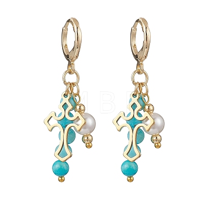 Natural Persian Jade Cross Hoop Earrings EJEW-JE06727-1