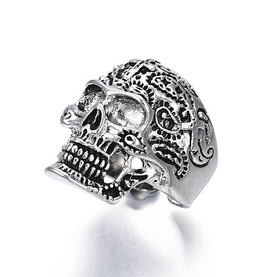 Gothic Punk Skull Alloy Open Cuff Ring for Men Women RJEW-T009-62AS-1