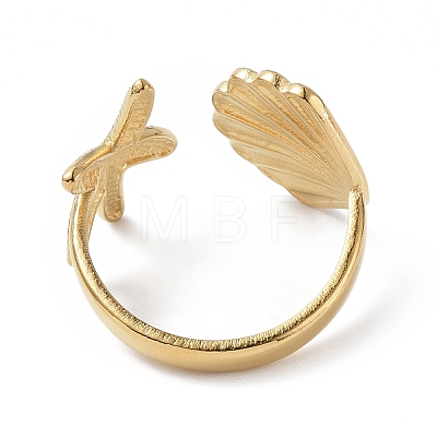 Ion Plating(IP) 304 Stainless Steel Shell with Starfish Open Cuff Ring for Women RJEW-C046-03G-1