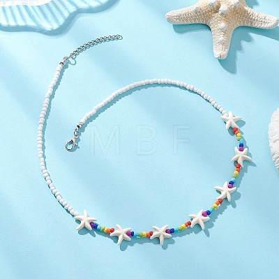 Synthetic Turquoise Starfish and Glass Seed Beaded Chakra Necklaces NJEW-JN05774-1