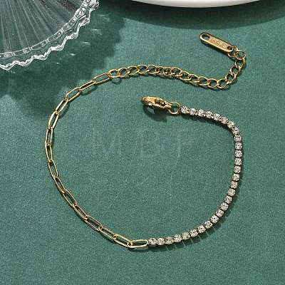 304 Stainless Steel Paperclip Chain & Rhinestone Cup Chains Bracelets for Women BJEW-D456-06G-01-1