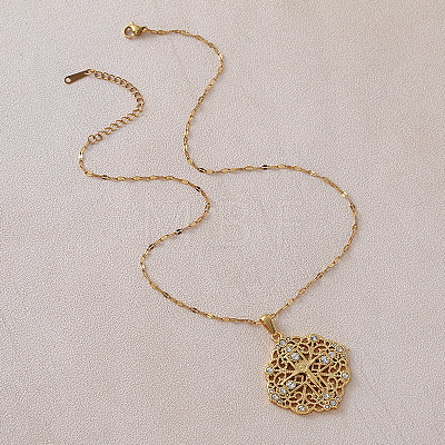 Vintage 304 Stainless Steel Crystal Rhinestone Hollow Flower with Jesus Cross Pendant Necklaces for Women LH2186-1