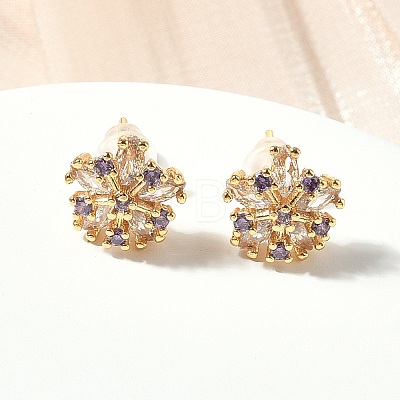 Snowflake Brass Micro Pave Cubic Zirconia Stud Earrings EJEW-Z152-02G-01-1