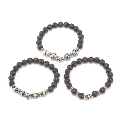 3Pcs 3 Style Natural Lava Rock & Tibetan Agate Stretch Bracelet with Alloy Tube Beaded BJEW-JB08322-1