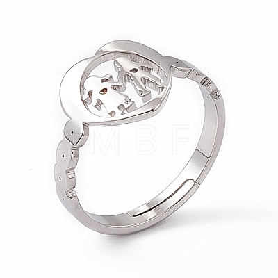 201 Stainless Steel Heart with Lovers Adjustable Ring for Valentine's Day RJEW-K238-11P-1