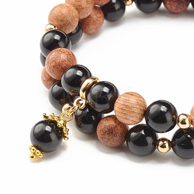 Natural Tourmaline & Wood Round Beads Stretch Bracelets Set BJEW-JB07165-03-1