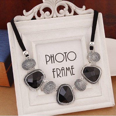 Exaggerated Alloy Glass Trapezoid Oval Statement Bib Necklaces for Women WG667FB-02-1