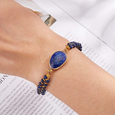 Natural Lapis Lazuli Teardrop Link Braided Bead Bracelet BJEW-SZ0002-54B-1