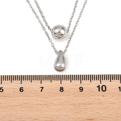 304 Stainless Steel Round Teardrop Pendant Cable Chain Double Layer Necklaces for Women NJEW-B083-03P-1