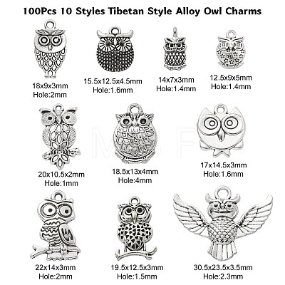 100Pcs 10 Styles Tibetan Style Alloy Owl Pendants TIBEP-CJ0002-49-1
