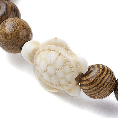 Natural Wood Round & Synthetic Turquoise Turtle Beaded Stretch Bracelet for Women BJEW-JB09700-06-1