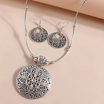 Flat Round Ethnic Style Alloy Pendant Necklaces & Dangle Earrings Sets FS-WG33C92-01-1