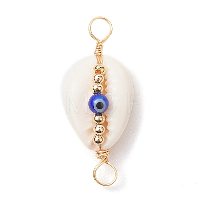 Natural Cowrie Shell & Handmade Evil Eye Lampwork Connetctor Charms PALLOY-JF02664-01-1