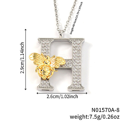 Brass Micro Pave Clear Cubic Zirconia Bee Initial Pendant Necklaces FS-WGF5E80-08-1