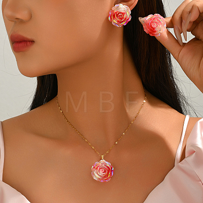 Iridescent Resin Rose Pendant Necklace & Stud Earrings Set for Women NZ6589-1