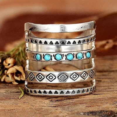 Adjustable Zinc Alloy with Synthetic Turquoise Cuff Rings CJ8951-4-1