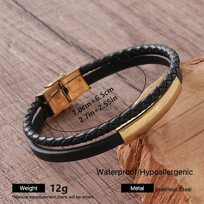 Vintage 304 Stainless Steel Men's Braided PU Leather 2-Strand Bracelets with Metal Clasps TT3196-8-1