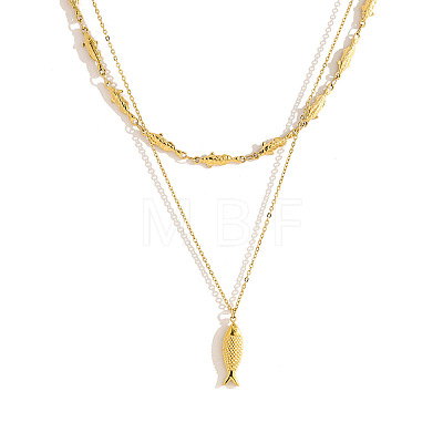 Summer Beach 304 Stainless Steel Fish Pendant Double Layer Necklaces for Women WG2FA6C-01-1