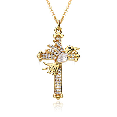 Brass Micro Pave Clear Cubic Zirconia Cross with Bird Pendant Necklaces FS-WG8523C-04-1