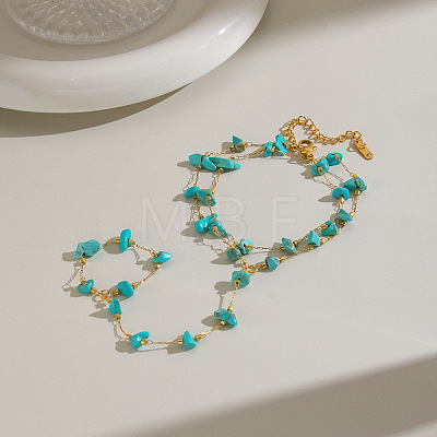 Synthetic Turquoise Chip 304 Stainless Steel Double Layer Hand Chain Ring Bracelets for Women HN5192-1
