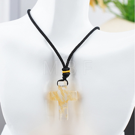 Synthetic Coffee Quartz Cross Pendant Black Cotton Cord Necklaces FS-WG3ED65-13-1