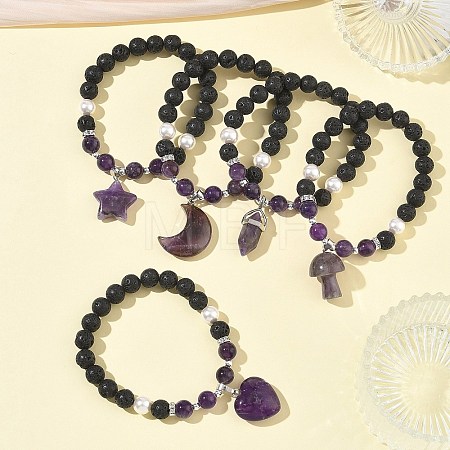 Natural Amethyst & Lava Rock & Shell Pearl Charm Bracelets BJEW-JB13705-1