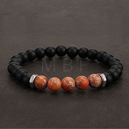 8MM Dyed Natural Imperial Jasper and Frosted Black Round Beaded Stretch for Men DZ7575-4-1